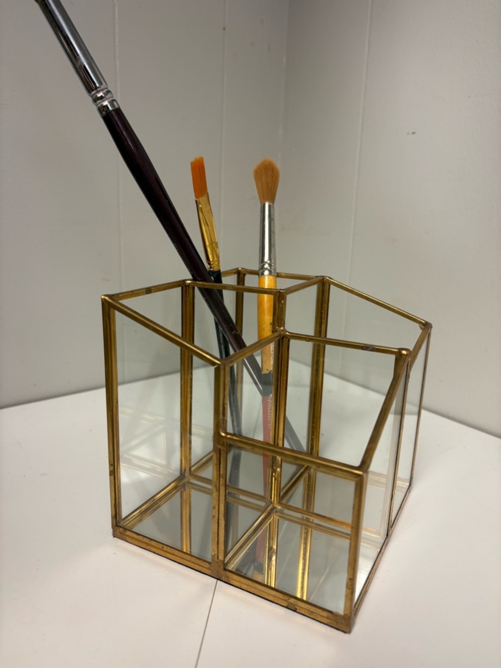 Tahari Home Glass and Brass Mirrored Brush/Pen Holder Vintage